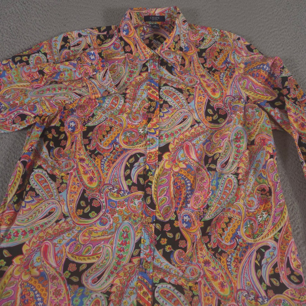 Chaps Top  Women 1X Multi Paisley Button Up Blouse Cotton Long Sleeve Boho Shirt
